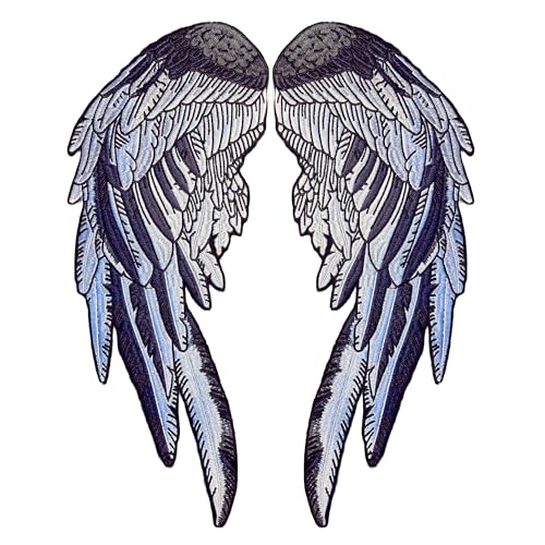 Angel Wings Iron-On Patch Set – Dark Grey and Black Embroidered Feather Design for Biker Chicks and Lady Riders