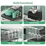 Urackify Expandable Dish Drying Rack for Kitchen Counter, Large Extendable Dish Rack with Wine Glasses, Cups and Cutlery Holders, Dish Dryer Drainer