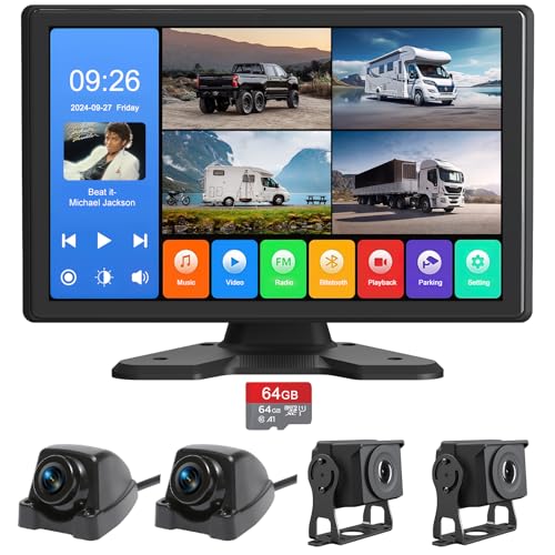 4 Channel Backup Camera System,Touchable 10.26 inch Monitor with DVR Stereo, 64GB Card, IP69 Waterproof, Nightvision 1080P Backup Camera for RV/Truck/Trailer Pickup,Rear Side Front Reversing
