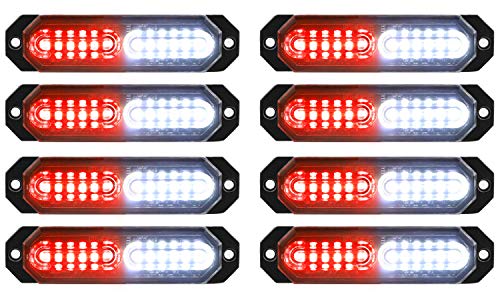 ASPL 8pcs Sync Feature Ultra Slim 12-LED Surface Mount Flashing Strobe Lights for Truck Car Vehicle LED Mini Grille Light Head Emergency Beacon Hazard Warning lights (Red/White)