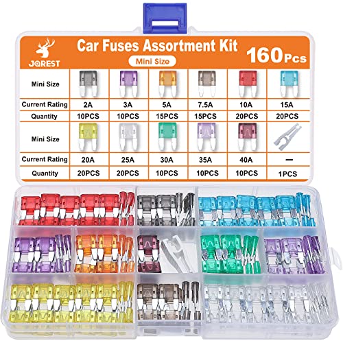JOREST 160Pcs Mini Fuses Kit,Car Fuses Assortment Kit,Automotive Blade Fuse for Car/RV/Truck/Motorcycle(2Amp 3A 5A 7.5A 10A 15A 20A 25A 30A 35A 40A) + Auto Fuse Puller
