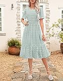 Women Summer Spring Beach Wedding Guest Dress Round Neck Flutter Short Sleeve Smocked Swiss Dot Ruffle Casual Swing Flowy A Line Midi Spring Dress Light Green L