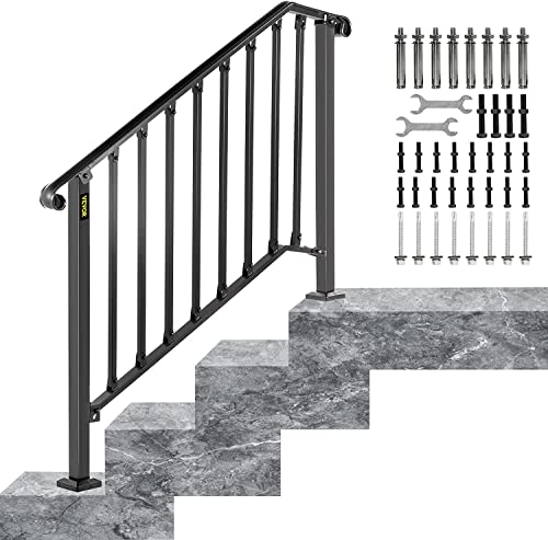 Happybuy Handrails for Outdoor Steps, Fit 3 or 4 Steps Outdoor Stair Railing, Picket#3 Wrought Iron Handrail, Flexible Porch Railing, Black Transitional Handrails for Concrete Steps or Wooden Stairs