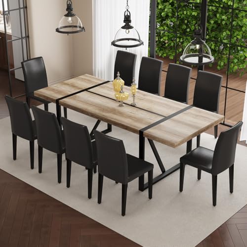 TesNus 86" Dining Table Set for 10,Farmhouse Kitchen Table Set with 10 Armless Dining Chairs for 10 People,Rustic Wooden Grain Top with Black Metal Legs, Modern Style for Large Kitchen Dining Room