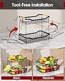 Sakugi Fruit Basket - 2 Tier Fruit Basket for Kitchen Counter, Detachable Fruit Vegetable Basket with Banana Hanger, Metal Countertop Fruit Stand with Wooden Handle, Black, 7.3" D x 11.2" W x 10.3" H