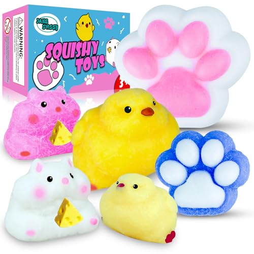Cute Squishy Toys Pack,Squishy Fidget Toys Kit,Include Squishies(1 Big Cat Paws & Chick,1 Chick & Cat Paws,2 Hamster),Stress Relief Toy,Sensory Toy,Cute Stuff,Gift for Girls, Boys, Kids and Adults