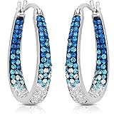 Savlano 14K White Gold Plated Inside Out Crystal Hoop Earrings For Women (Light Blue-White)