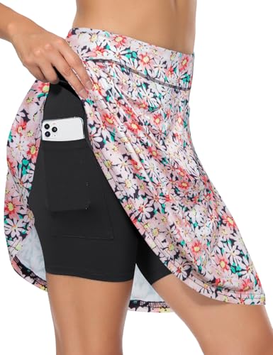 Fulbelle Knee Length Skirts for Women Golf Skorts Tennis Skirt with Shorts Underneath Athletic Skorts with Pockets Pink Flower L