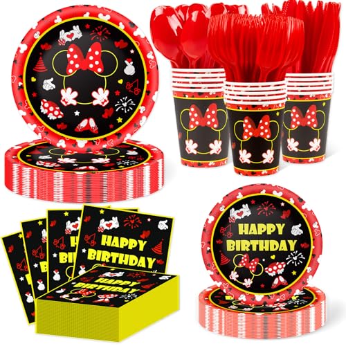 350PCS Red Mouse Birthday Decorations for 50 Guests,Party Supplies for Girl Include Paper Plates, Napkins,Cups, Plastic Forks, Knives,Spoons