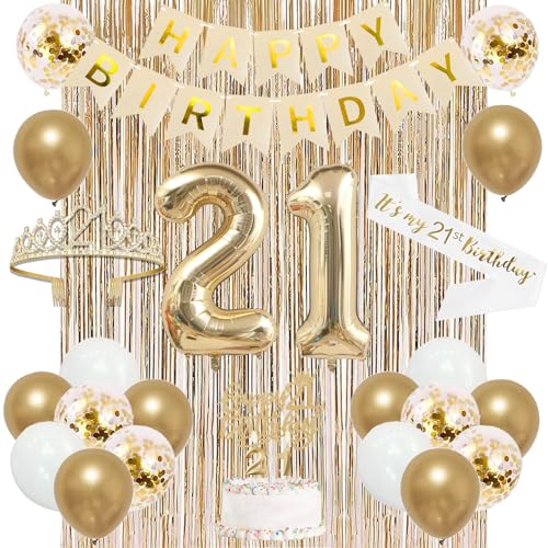 Trgowaul 21st Birthday Decorations for her, Champagne Gold Happy 21st Birthday Supplies for Girls, 21 Sash and Crown, Banner, Fringe Curtains, Cake Topper, 21 Year Old Party Supplies Set