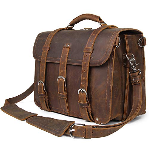 Polare Thick Full Grain Leather 16'' Briefcase Shoulder Messenger Bag for Men Fit 15.6'' Laptop
