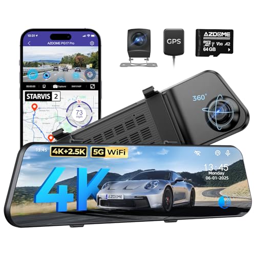 AZDOME PG17 Pro Mirror Dash Cam Front and Rear with IMX678, STARVIS 2 Rear View Mirror Camera with 5.8GHz WiFi, 4K+2.5K Dashcam, OTA Upgrade, Timeline Playback, Dual HDR, Voice Control, 128GB Card