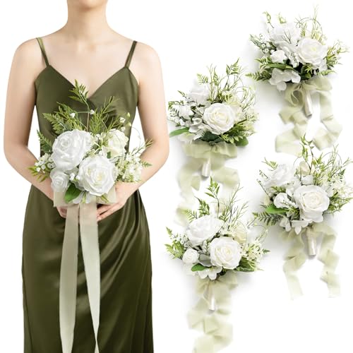 Ling's Moment Artificial Flowers Lily of Valley White Bridesmaid Bouquet Set of 4, Green Wedding Flowers Bouquets for Bridesmaids, 7 Inch Bridal Bouquets for Bridesmaids, Wedding, etc