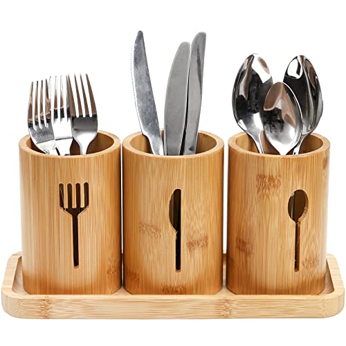 Lyellfe Silverware Holder, Bamboo Utensil Organizer with Tray, Rustic Farmhouse Kitchen Cutlery Flatware Holder Organizer for Spoons, Knives and Forks, Ideal for Kitchen and Restaurant