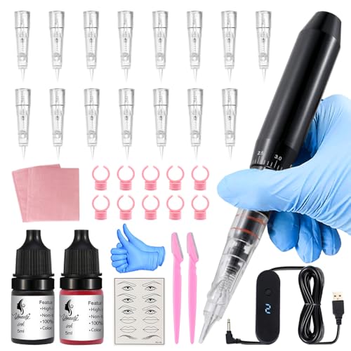 Semi-Permanent Makeup Eyebrow Tattoo Kit, Professional Tattoo Gun Set with 15Pcs Cartridge Needles for Eyebrow/Lip/Eyeliner, Semi-Permanent Microblading Supply for Artists Beginners