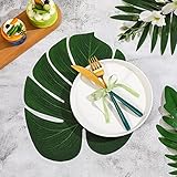 XunYee 100 Pcs Large Tropical Palm Leaf Placemats Artificial Monstera Leaf Table Decor Hawaiian Big Green Palm Leaves for Summer Wedding Luau Party Jungle Safari Table Decoration, 11.4 x 13.8 Inch