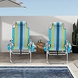 VINGLI Tall Beach Chair 2 Pack, with 5-Position, Cooler Bag, Cup Holders, Towel Bar, Lightweight Folding Beach Camping Chairs for Adults（Blue/Green-16