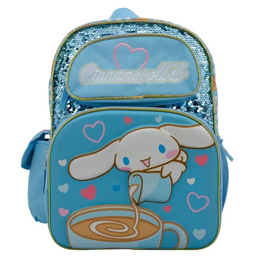 AI ACCESSORY INNOVATIONS Sanrio’s Hello Kitty Backpack for Girls, 16 Inch Cinnamoroll, Kawaii School Bag with Flip Sequins & 3D Molded Front Pocket, Blue