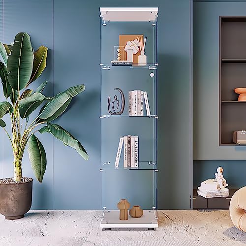 Beauty4U Glass Display Cabinet with 4 Shelves, Curio Cabinets for Living Room, Bedroom, Office, White Floor Standing Glass Bookshelf, Quick Installation