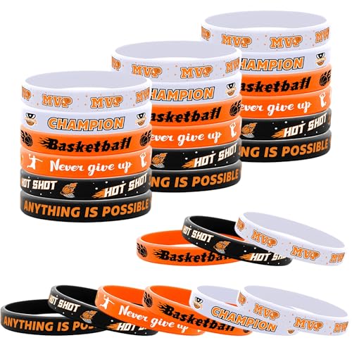 Lesnala 48 PCS Basketball Rubber Bracelets Motivational Silicone Wristband for Kids Theme Birthday Party Adults Teenagers Sports Gifts Supplies 6 Styles