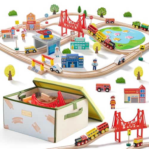 Tiny Land 110pcs Wooden Train Set with Folding Storage Box, Wooden Train Track Toy for Boys & Girls, Age 3-7, Includes Convenient Storage