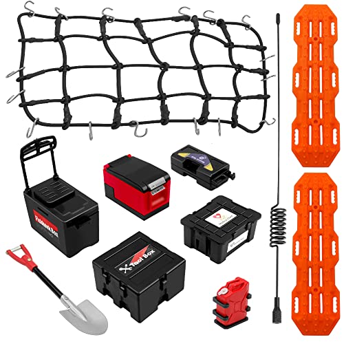 GLOBACT 10PCS RC Crawler Accessories Roof Simulation Decoration Luggage Net/Fishing Box/Oil Drum/Shovel/Antennas/Recovery Board for Traxxas Trx4 Trx6 Axial SCX10 Redcat GEN 7 8 Rc4wd (Black)