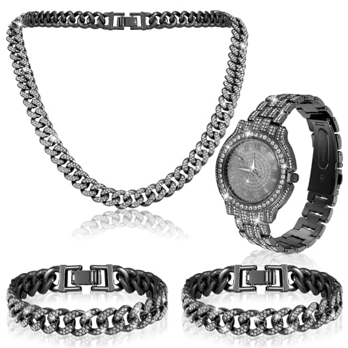 Huquary 4 Pcs Hip Hop Jewelry Set Link Chains Bling Rhinestone Watch for Man Artificial Diamond Necklace Bracelet Watch (Black)