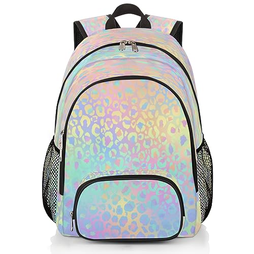 Pardick Leopard Print School Backpacks for Girls Boys Teens Students - Rainbow Leopard Print Stylish College Schoolbag Book Bag - Water Resistant Travel Backpacks for Women Men