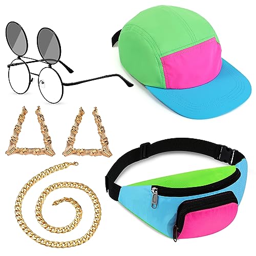 Cindeer 5 Pcs 80s 90s Accessories for Women Men 90s Womens Outfits Hip Hop Neon Fanny Pack Hat Sunglasses Gold Chain Earrings(Cute Color)