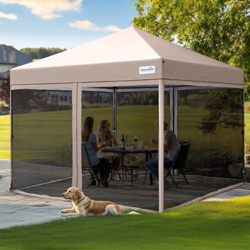 Quictent 10'x10’ Pop up Screened Canopy Tent with Mosquito Netting, Portable Easy up Outdoor Screen House Shelter Fully Sealed for Patio, Camping and Picnic, Includes Wheeled Carry Bag (Tan)