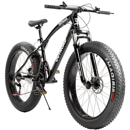 Omelaza 26 Inch Fat Tire Mountain Bike with Dual Disc Brakes, 26 Inch Non-Slip Wide Tires with 21 Speed, High-Carbon Frame MTB, Mountain Bicycle for Men and Women, Black