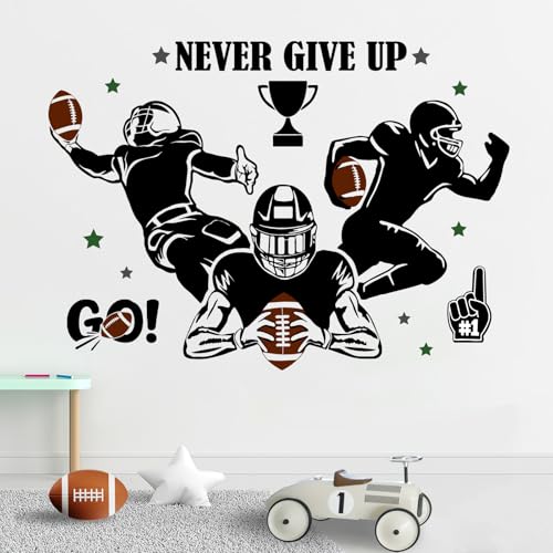 Yovkky Football Players Never Give up Wall Decals Stickers, America Sportsman Silhouette Inspirational Home Kids Boy Teen Bedroom Decor, Super Bowl Rugby Sport Playroom Living Room Decorations Art