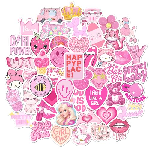 BEATRI Preppy Pink Vinyl Sticker 50Pcs Party Supplies Vinyl Waterproof Sticker Aesthetic Stickers Decor Pinky Party Mobile Phone Stickers for Laptop Water Bottle (Preppy Pink Stickers Decal)