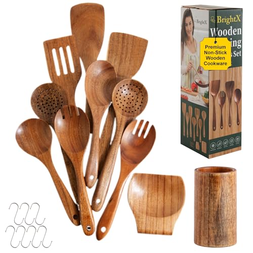 Kitchen Wooden Cooking Spoons Set (9-Pcs) - Acacia Wood Utensils Set, Non-Toxic, BPA-Free & Safe Wooden Spatula, Ladle, Stirring & Mixing Spoons, Nonstick Chemical-Free Wooden Spoons for Cooking