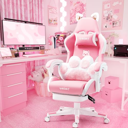 Vigosit Cat Ears Pink PU Leather Gaming Chair Ergonomic Adjustable Office Desk Computer Chairs for Gamers Adults Kids 360 Degree Swivel Recliner 45in Height - Pink
