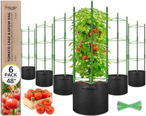 Legigo 6 Pack Tomato Cages with 10 Gallon Grow Bags- 48inch Tomato Trellis Plant Support Stakes Planter, Tomato Plant Cages Garden Trellis for Vertical Climbing Plants Vegetables Flowers Fruits