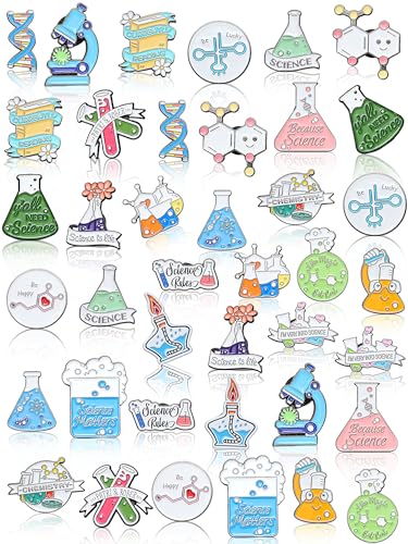 40 Pcs Science Enamel Pins for Badge Science Brooch Bulk Cute Kawaii Cartoon Scientist Pin Lapel Laboratory Chemistry Pin Back to School for Teacher Lab Week Gifts Backpacks Kids Adults Caps Bags