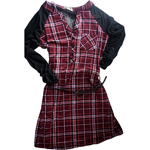 Ultra Flirt Juniors' Lace-Trim Plaid Raglan-Sleeve Shirtdress Black Wine XSmall