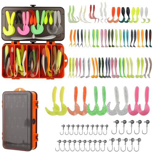 Round Lead Jig Head Hooks with Fishing Box,Ball Jig Heads Swim Bait Jig Heads,Fishing Jigs Ball Heads 60-100pcs Soft Multi-Color Worms and Paddle Tails for Soft Plastic Lures for Trout Bass Walleye