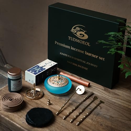 Powder Incense Burner Kit in Gift Box - Complete Powdered Ash Incense Burner Set with Censer and Art Mold Press Tools, for Yoga, Meditation, and Relaxation (Blue)