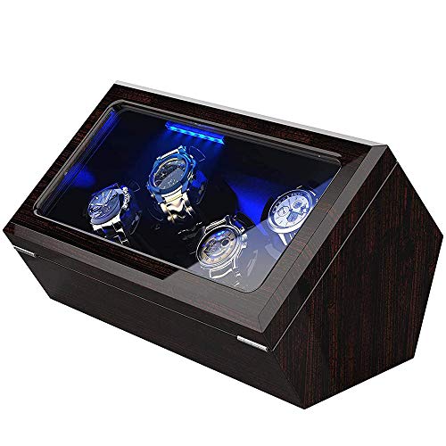 INCLAKE High End Watch Winder, 4 Watch Winders for Automatic Watches with Super Quiet Motor, Blue LED Light & 4 Rotation Mode Setting, Watch Winder for Rolex with Flexible Pillow, Dual Power