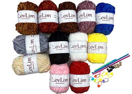 LovLim Crochet Yarn kit, 12x60g Chenille Yarn Skeins for Crochet and Knitting, 1200+ Yard, Free Crochet/Amigurumi Patterns, Craft Worsted Yarn Perfect Starter Kit