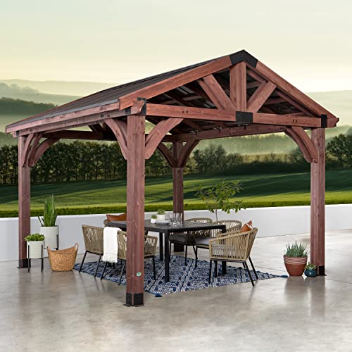 Backyard Discovery 12 x 12 Cedar Wood Walnut Stained Gazebo with Steel Roof and Corbel Accents