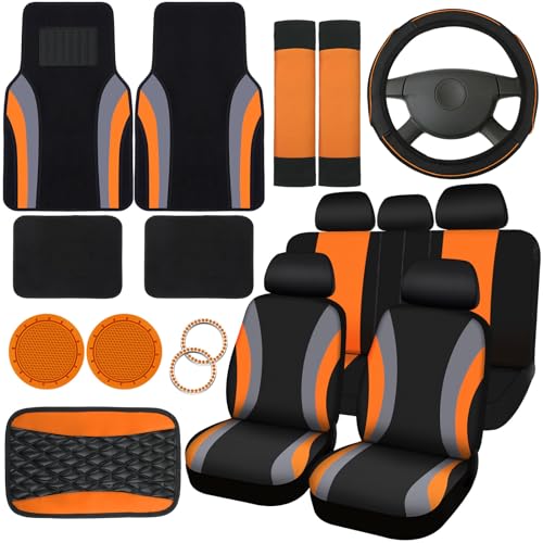 Fabbay 21 Pcs Car Seat Covers Full Set Car Floor Mats Steering Wheel Cover Armrest Seat Belt Pad Seatbelt Cup Mats Emblem Ring Sticker for Sedans Trucks SUV(Black, Orange)