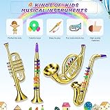 Treela Set of 4 Musical Instruments Toy Clarinet, Toy Saxophone, Trumpet, and Horn for Beginners, 4 Wind and Brass Musical Instruments Combo with Over 10 Color Keys Coded for Boys Girls(Gold)