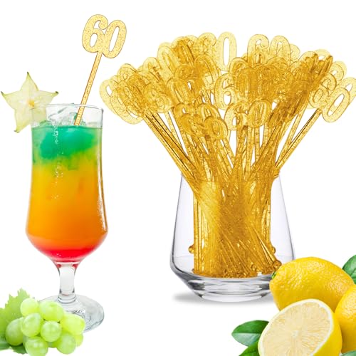 Reallnaive 100 Pcs Gold Glitter Cocktail Stirrers Plastic Swizzle Sticks 7.5 Inch Birthday Cupcake Toppers Drink Stirrers Bulk for Coffee Bar Cake Pops Mixed Drinks Birthday Party Favor(60th)