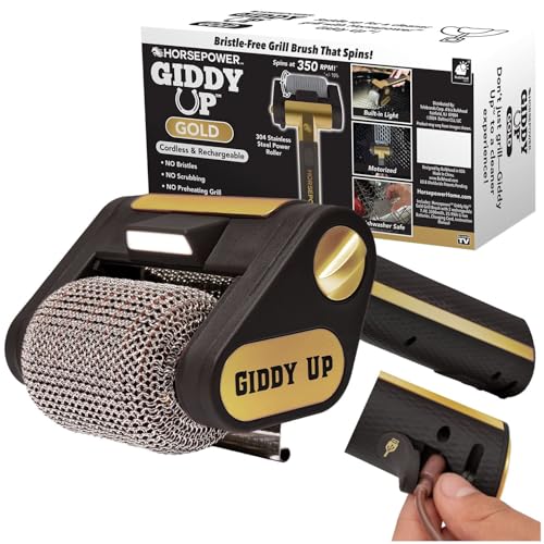 Horsepower Giddy Up GOLD Free Spinning Grill Brush w/LED, AS-SEEN-ON-TV, Cordless & Rechargeable, 304 Stainless Steel Power Roller Blasts Away Burnt-On Food, No Bristles, No Preheating