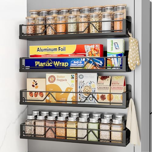 Mystozer 16.9 Inch Wide Large Capacity Magnetic Spice Rack for Refrigerator, 4 Pack Metal Fridge Shelf, Black