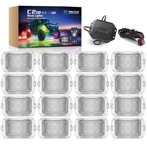 MICTUNING C2 MAX RGB+IC LED Rock Light with White Housing - 16 Pods Chasing Color Underglow Lights Kit, Dynamic Lighting Modes, APP Control, IP68 Waterproof, DIY Effect, Up to 24pods Extensible