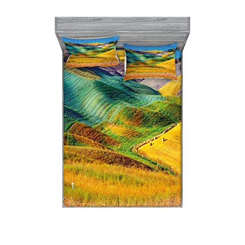 Ambesonne Autumnal Fitted Sheet & Pillow Sham Set, Autumn Themed Agricultural Landscape of Colorful Wheat Barley Crop Fields on Hills, Decorative Printed 3 Piece Bedding Decor Set, Calking, Multicolor
